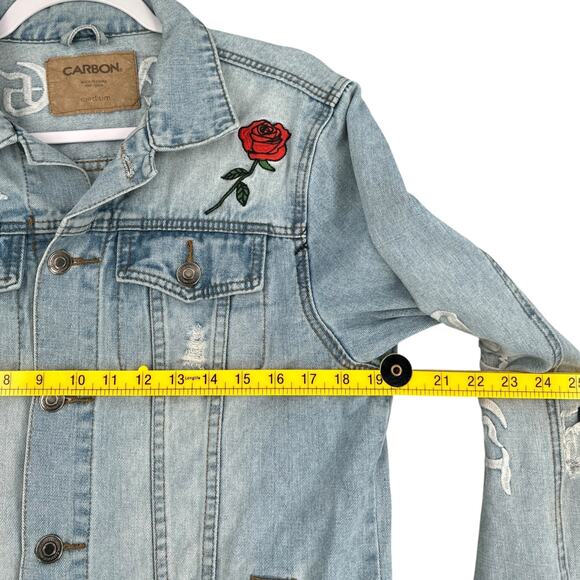CARBON Lightwash Embroidered Dragon Roses Distressed Detail Denim Jacket Medium - Picture 7 of 7